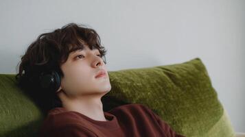 A young man with headphones on sitting on a couch photo