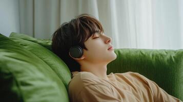 A man is sleeping on a green couch with headphones on photo