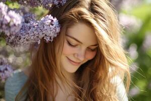 A young woman is smiling while standing in front of a bunch of purple flowers photo