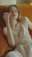 A woman laying on a couch with her hand on her face photo
