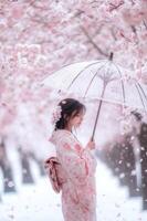 A woman in a kimono is holding an umbrella in the snow photo