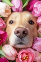 A dog is surrounded by pink and white flowers photo