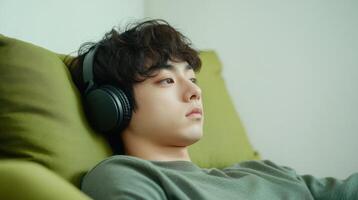 Young man with headphones lying on couch photo