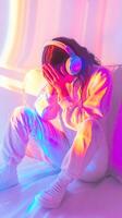 A woman sitting on a couch with headphones on photo