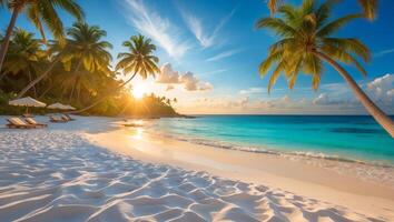 Tropical beach with palm trees and sun setting photo