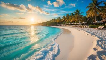 A beautiful beach with palm trees and sun setting photo