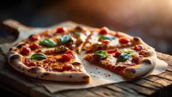 A pizza with tomatoes and basil on a wooden table photo