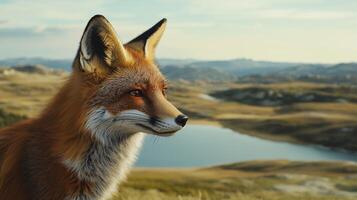 Red fox in mountain landscape near a lake. Wildlife photography with copy space photo