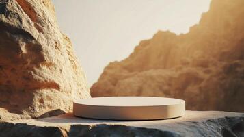 Round pedestal mockup on rocky surface with warm sunlight, copy space photo