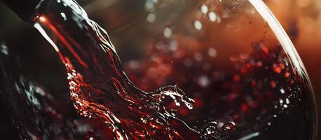 Red wine pouring into glass with splash in macro close-up photo