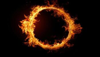 Fiery ring composed entirely of flames against black background. The flames form a perfect circular shape, with bright orange, yellow, and red hues that flicker and twist. photo