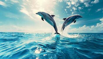 Two dolphins leaping out of the ocean. Set against a beautiful blue sky with fluffy clouds and sunlight streaming through. photo