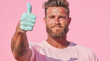 Positive vibes person holding blue thumbs-up sign pink background joyful mood photo