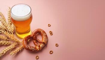 Beer and Pretzels A pint of beer with a pretzel on the side isolated on the pastel color photo