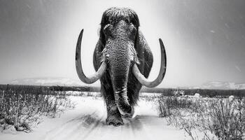 Mammoth ice ages runs towards me The shaggy fur is covered with ice and snow The background is not visible due to heavy snowfall photo