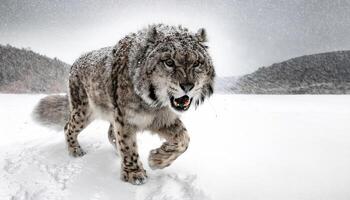 Saber-toothed ice ages runs towards me The shaggy fur is covered with ice and snow The background is not visible due to heavy snowfall photo