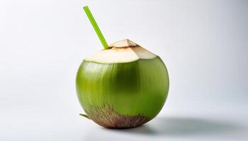 Juicy green coconut with a vibrant straw tropical and Summer vibes refreshing isolated on the white background photo