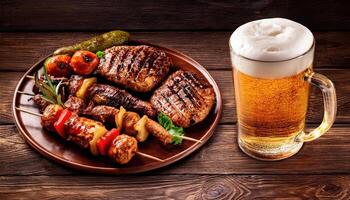Beer and BBQ A glass of beer with a plate of barbecue isolated top view photo