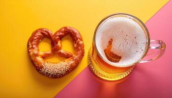 Beer and Pretzels A pint of beer with a heart-shaped pretzel on the side vibrant color ground top view photo