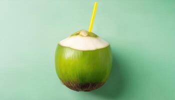 Juicy green coconut with a yellow straw fresh from the tree tropical vibes summer isolated on the green background photo