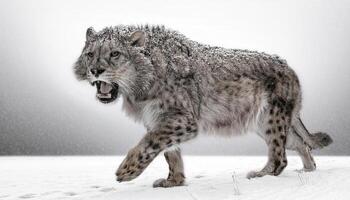 Ice ages Saber-toothed runs towards me The shaggy fur is covered with ice and snow The background is not visible due to heavy snowfall photo