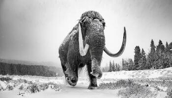 Ice ages Mammoth runs towards me The shaggy fur is covered with ice and snow The background is not visible due to heavy snowfall photo