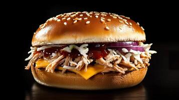 A close up of a sandwich with cheese and meat photo