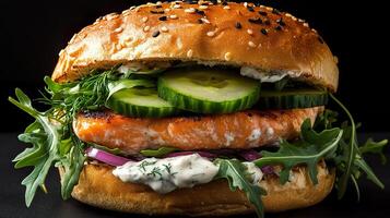 A close up of a burger with salmon, cucumbers and onions photo