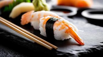 Sushi with shrimp and chopsticks on a black slate photo