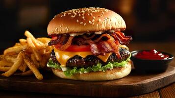 A hamburger with bacon and cheese on it photo