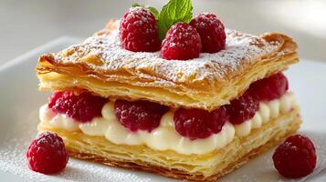 A pastry with raspberries and cream on top photo