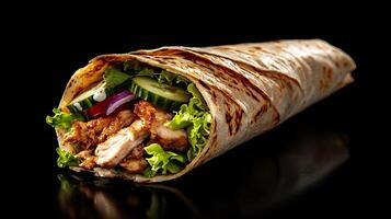 A wrap with meat and vegetables on a black background photo
