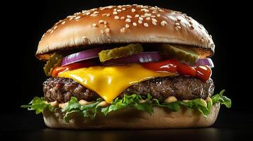 A hamburger with cheese, pickles, and onions photo