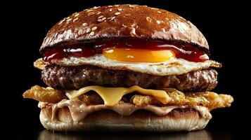 A hamburger with an egg and cheese on top photo