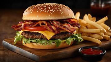 A hamburger with bacon and cheese on a wooden cutting board photo