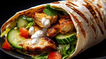 A wrap with chicken, cucumbers and tomatoes photo