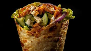 A wrap with a chicken, cucumber, and onion salad photo