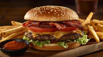 A burger with bacon, lettuce, tomato and cheese on a bun photo