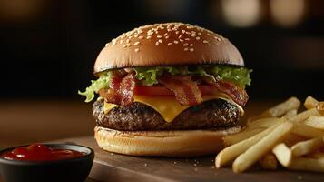 A hamburger with bacon, lettuce and cheese on a wooden board photo