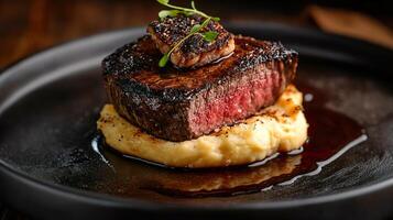 Seared Filet Mignon with Foie Gras on Mashed Potatoes and Rich Sauce photo