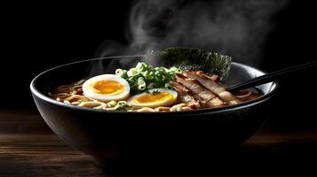 Steaming hot ramen with soft eggs and pork in black bowl on dark background photo