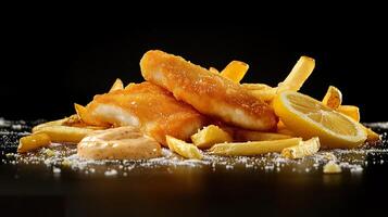 Golden crispy fish with fries and lemon on dark studio background photo