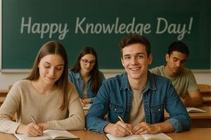 A group of students sitting at a table with a chalkboard that says happy knowledge day photo