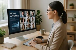 Virtual conference on computer screen photo