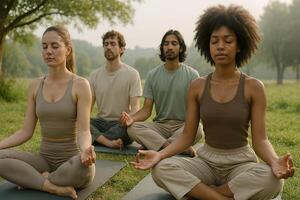 A group of people meditating in a field photo