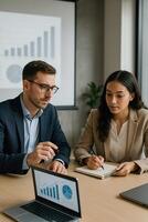Two business people sitting at a table with a laptop photo