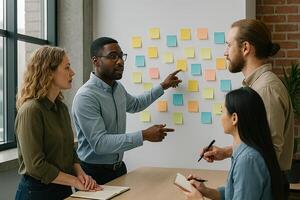 A group of people standing around a table with sticky notes on the wall photo