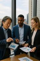 Three business people looking at a tablet computer photo