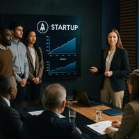 A group of people in a meeting room with a startup chart on the wall photo