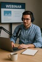 Man in headphones working on laptop in front of a screen with webinar on it photo